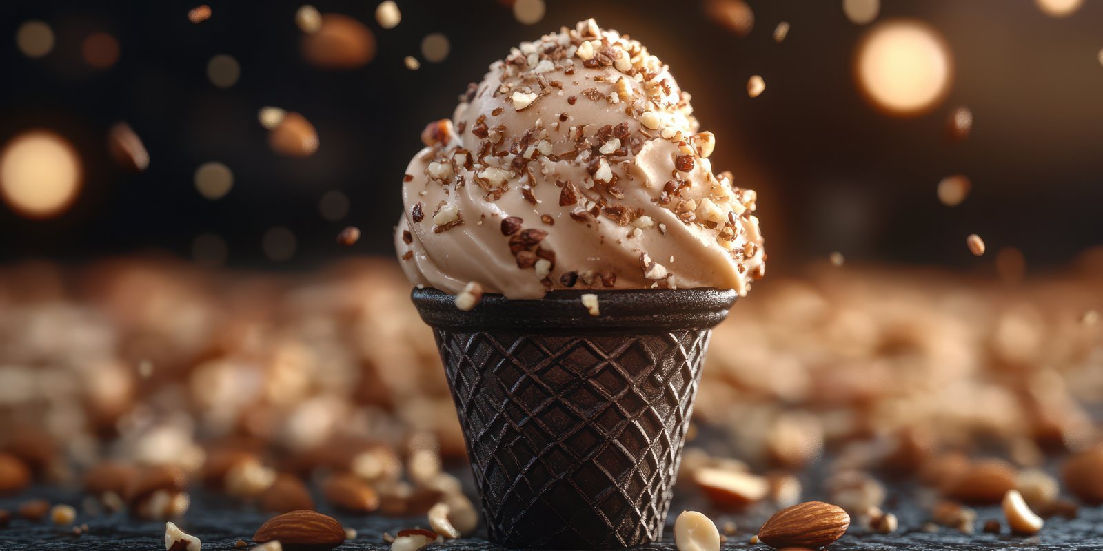Delicious ice cream cone topped with crushed nuts and chocolate in a festive setting